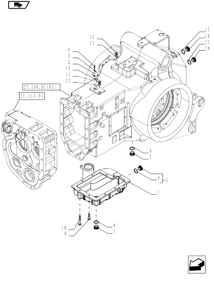 Схема запчастей Case IH MAGNUM 180 - (27.100.01[01]) - FINAL DRIVE HOUSING, LOWER COVER/PLUGS - POWERSHIFT TRANSMISSION (27) - REAR AXLE SYSTEM