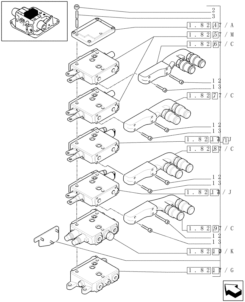 Схема запчастей Case IH MXU125 - (1.82.7/42[02]) - (VAR.006) 4 REMOTES(2NC+2CONFIG) FOR FIXED DISPLACEMENT PUMP FOR EDC AND RELEVANT PARTS (07) - HYDRAULIC SYSTEM