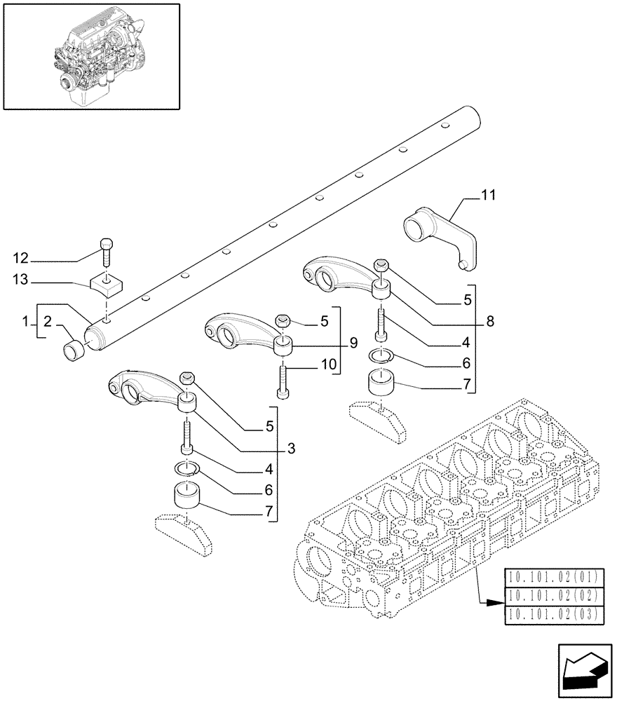 Схема запчастей Case IH 7010 - (10.106.04[02]) - SHAFT & ROCKER ARMS - 8010 (10) - ENGINE