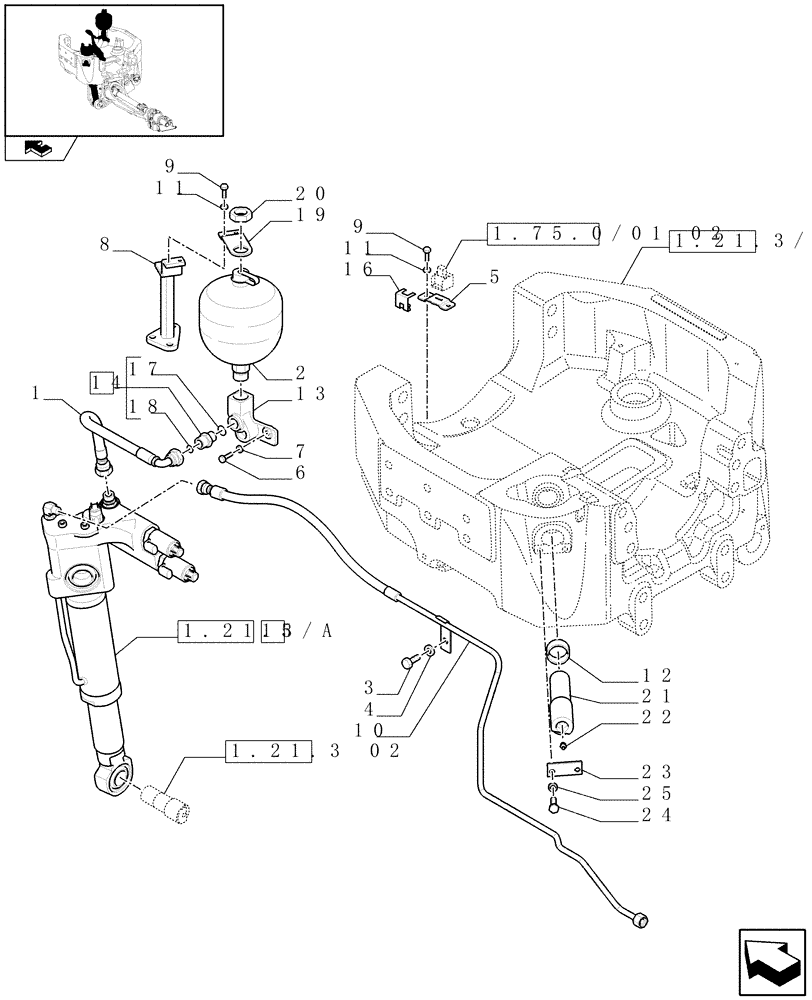 Схема запчастей Case IH PUMA 195 - (1.21.3[03]) - (VAR.212-463) FRONT AXLE WITH ACTIVE SUSPENSION - CYLINDER, ACCUMULATOR AND PIPES (03) - TRANSMISSION