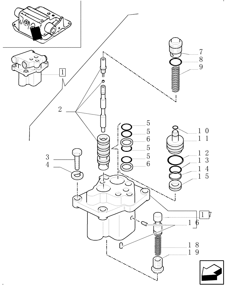 Схема запчастей Case IH MXM130 - (1.82.1/01A[01]) - LIFTER, DISTRIBUTOR AND VALVES BREAKDOWN (07) - HYDRAULIC SYSTEM