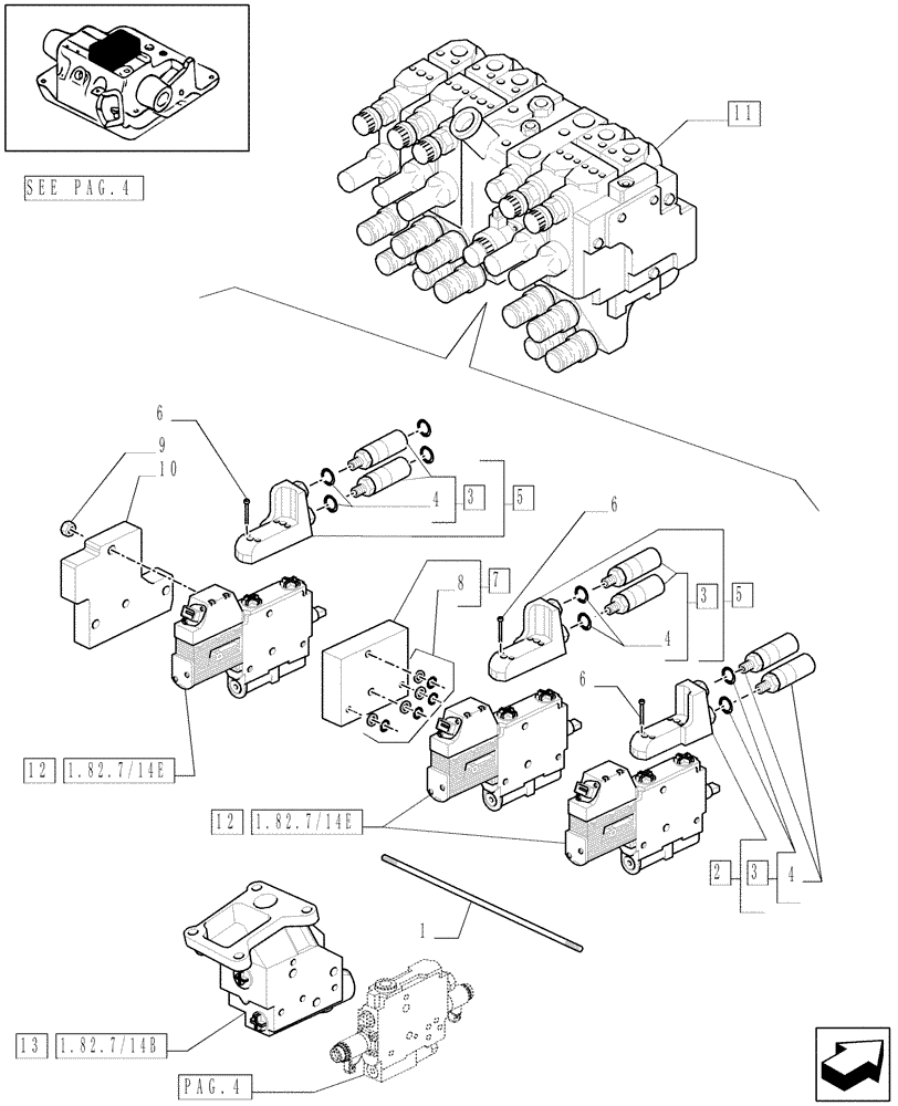 Схема запчастей Case IH MXM175 - (1.82.7/14[03]) - (VAR.252) BATTERY WITH FIVE CONTROL VALVES WITH ELECTRONIC CONTROL - D5504 (07) - HYDRAULIC SYSTEM