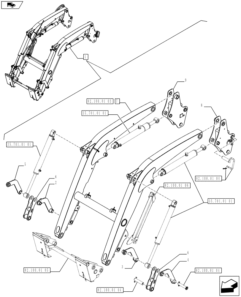 Схема запчастей Case IH FARMALL 65C - (82.100.01[02]) - FRONT LOADER - BREAKDOWN - LOADER ARM AND LEVER - NAR (VAR.333489-335489) (82) - FRONT LOADER & BUCKET