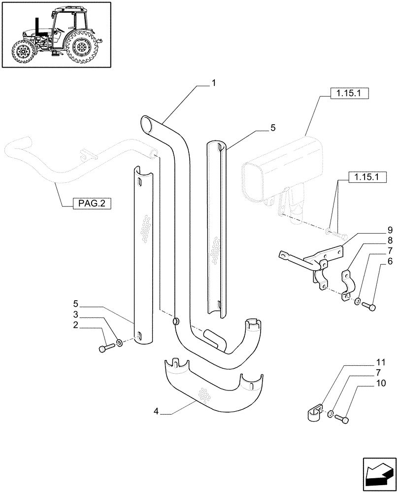 Схема запчастей Case IH JX1070C - (1.15.1/02[01]) - (VAR.199) SILENCER - AIR FILTER EJECTOR (02) - ENGINE EQUIPMENT