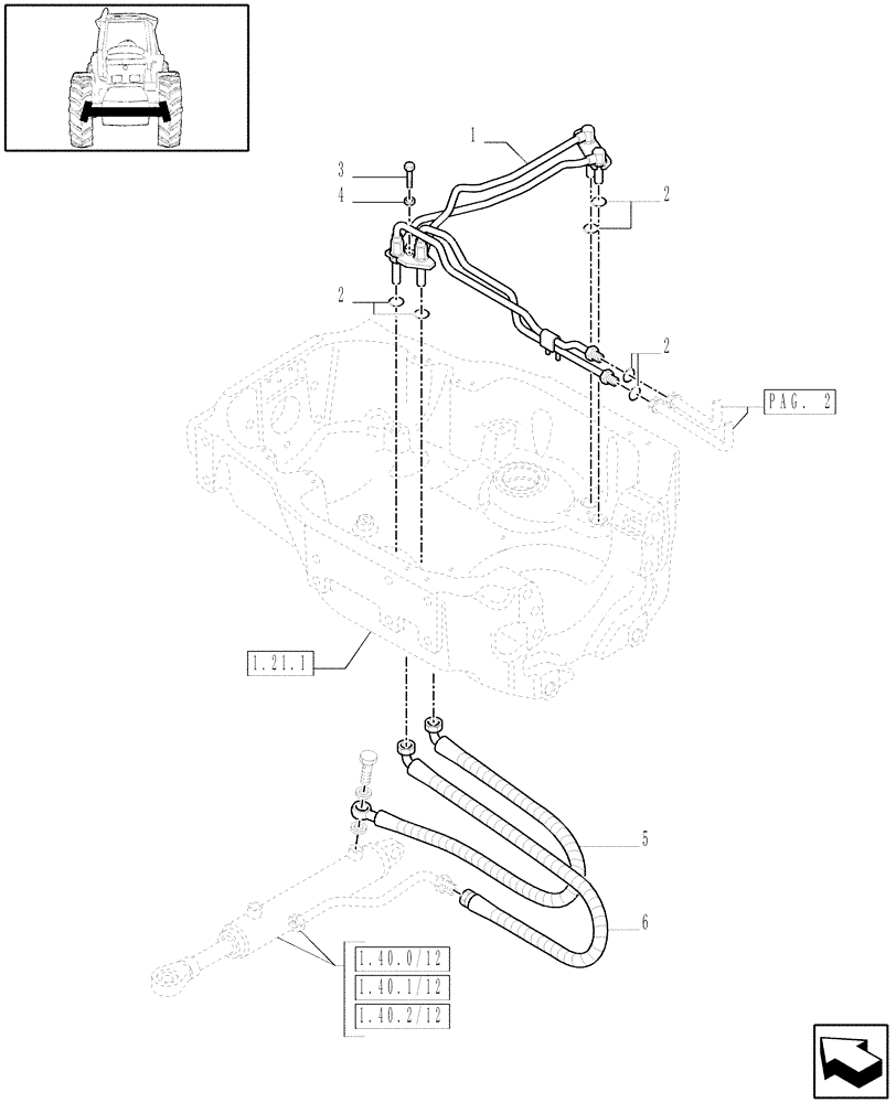 Схема запчастей Case IH MAXXUM 120 - (1.42.0[01]) - POWER STEERING DELIVERY AND RETURN PIPES (04) - FRONT AXLE & STEERING