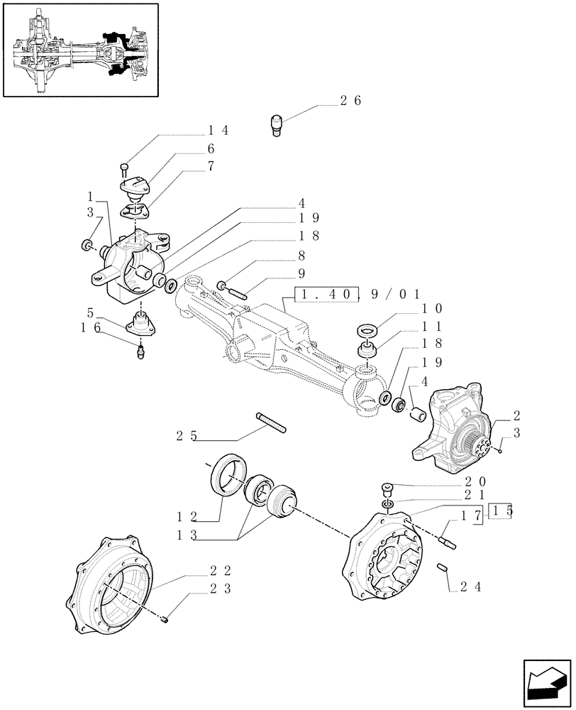 Схема запчастей Case IH MAXXUM 140 - (1.40. 9/02[01]) - (CL.4) FRONT AXLE W/MULTI-PLATE DIFF. LOCK, ST. SENSOR AND BRAKES - STEERING AXLES AND HUBS - C6683 (VAR.330430) (04) - FRONT AXLE & STEERING