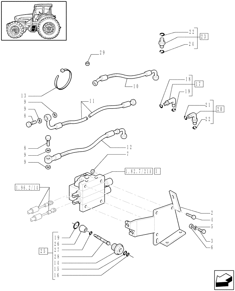 Схема запчастей Case IH MAXXUM 100 - (1.82.7/32) - TWO MID MOUNTED REMOTE VALVES - PIPES AND VALVE (VAR.331560-332560-331561-332561) (07) - HYDRAULIC SYSTEM