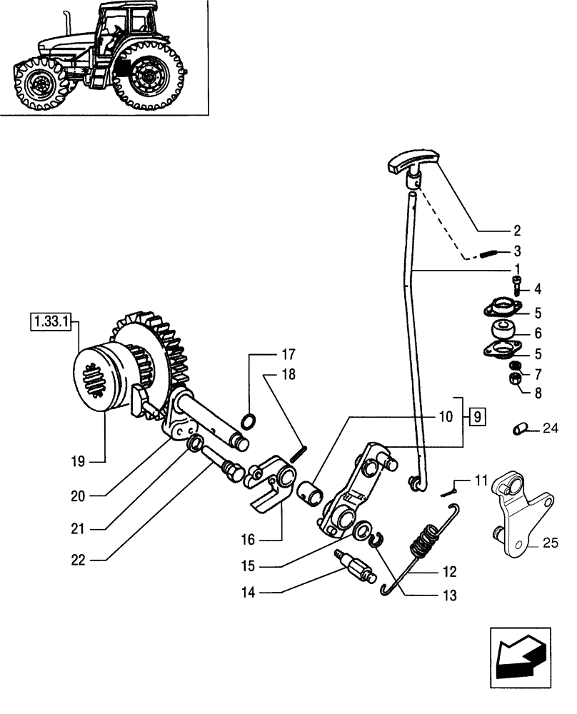 Схема запчастей Case IH JX80 - (1.33.2) - TRANSMISSION GEARINGS - IDLER CONTROLS (04) - FRONT AXLE & STEERING