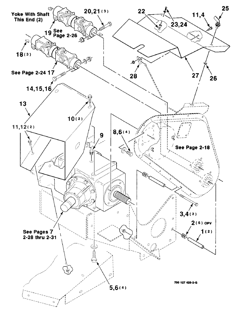 Схема запчастей Case IH 8309 - (2-16) - GEARBOX ASSEMBLY, U-JOINTS AND SHIELDS (58) - ATTACHMENTS/HEADERS