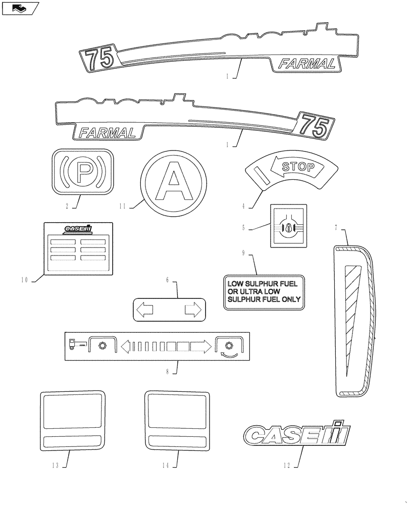 Схема запчастей Case IH FARMALL 65A - (90.108.01[01]) - DECALS - MODEL IDENTIFICATION (90) - PLATFORM, CAB, BODYWORK AND DECALS