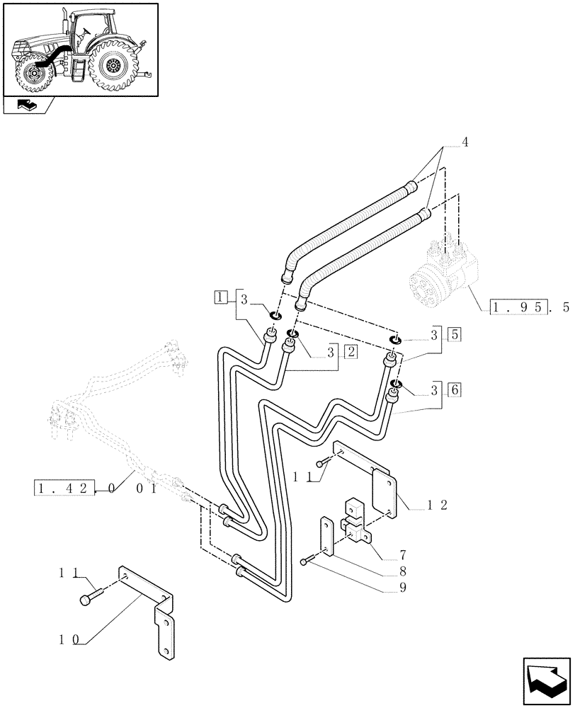 Схема запчастей Case IH MAXXUM 110 - (1.42.0[02]) - POWER STEERING DELIVERY AND RETURNS PIPES (04) - FRONT AXLE & STEERING