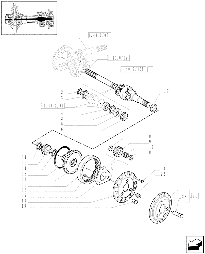 Схема запчастей Case IH MXU110 - (1.40.2/10[02]) - (VAR.358/1) 4WD FRONT AXLE W/SUSPENSIONS AND TERRALOCK - DIFFER. GEARS AND DIFFERENTIAL SHAFT (04) - FRONT AXLE & STEERING