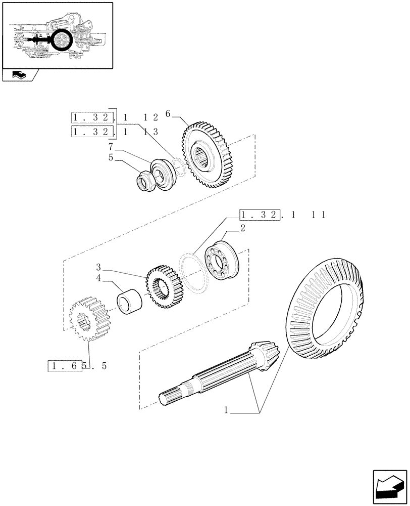 Схема запчастей Case IH PUMA 195 - (1.32.1/01) - (VAR.147-571) TRANSMISSION 19X6 FPS - BEVEL GEAR PAIR AND RELEVANT GEARS (03) - TRANSMISSION