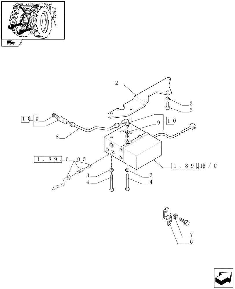 Схема запчастей Case IH FARMALL 95N - (1.89.6[06]) - HYDRAULIC RIGHT LIFTING ROD FOR MDC - VALVE AND SUPPORT - L/CAB (09) - IMPLEMENT LIFT