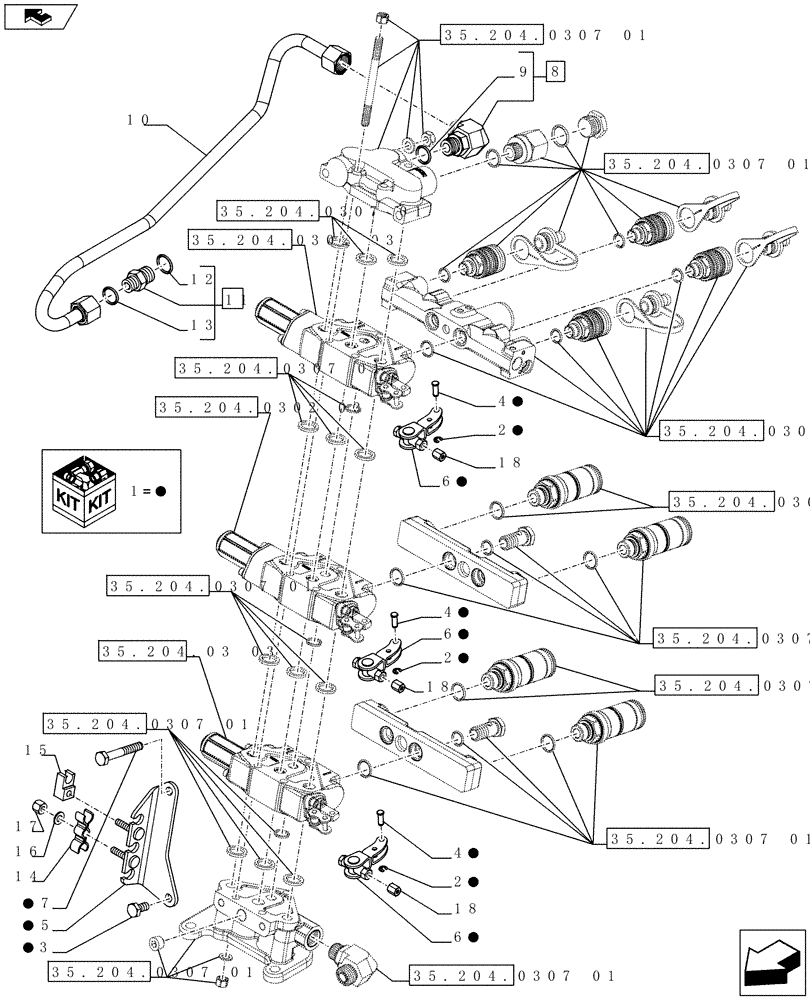 Схема запчастей Case IH FARMALL 65C - (35.204.0307[02]) - 3 REAR CONTROL VALVES WITH 8 COUPLERS(4 STD + 4 DLX) AND DIVERTER - SUPPORTS AND PIPES - ISO (VAR.335195-336195 / 743571) - END YR 09-MAY-2016 (35) - HYDRAULIC SYSTEMS