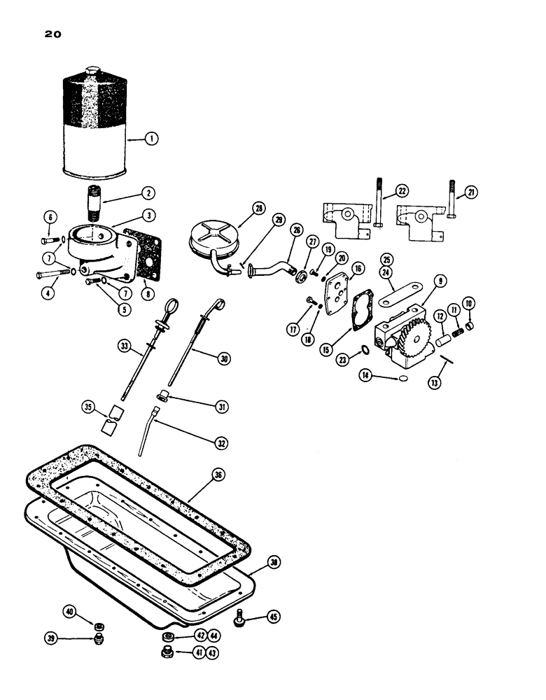 Схема запчастей Case IH 430 - (020) - OIL FILTER, OIL PUMP AND OIL PAN, PRIOR TO S/N 8262800, 430 MODEL, 148B SPARK IGNITION ENGINE (02) - ENGINE