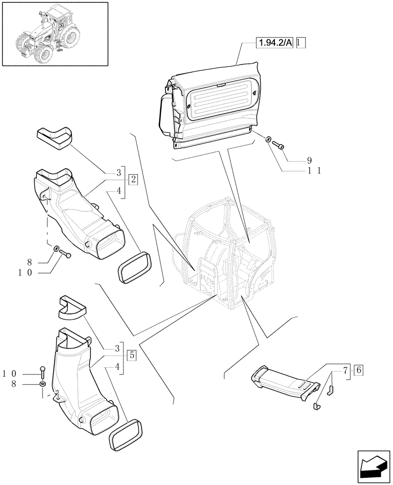 Схема запчастей Case IH MXU110 - (1.94.2[01]) - HEATING - FAN AND VENTILATION DUCTS (10) - OPERATORS PLATFORM/CAB