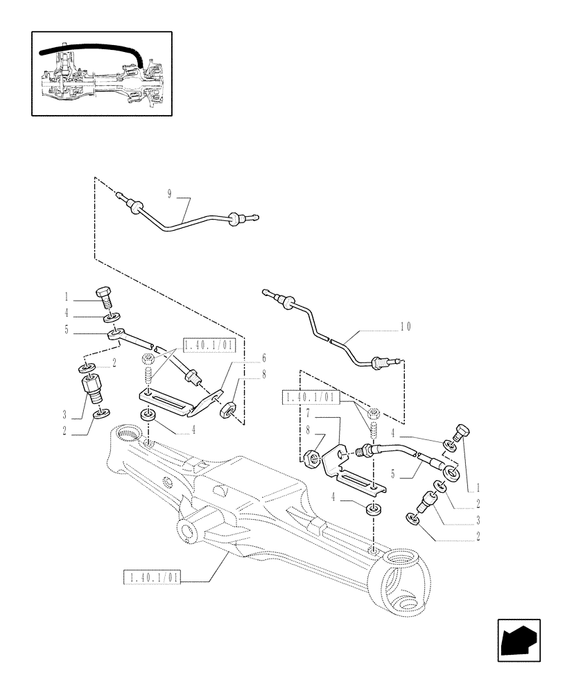 Схема запчастей Case IH JX1085C - (1.40.1/17) - (VAR.323) STANDARD FRONT AXLE W/ ELECTROHYDR. DIFF. LOCK, L/ FRONT BRAKES (40KM/H) - PIPES (04) - FRONT AXLE & STEERING