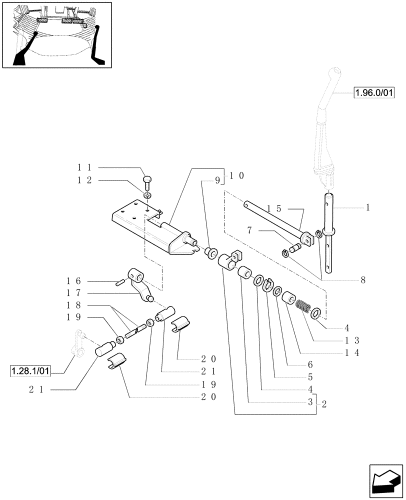 Схема запчастей Case IH JX1070U - (1.34.2/01) - (VAR.109-110) SYNCHRONIZED MECHANICAL REVERSER UNIT -LEVER, CROSS-PIECE AND PARTS (04) - FRONT AXLE & STEERING