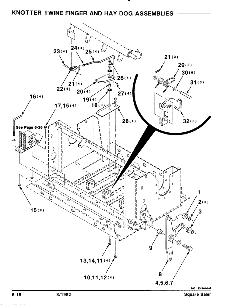 Схема запчастей Case IH 8570 - (6-16) - KNOTTER TWINE FINGER AND HAY DOG ASSEMBLIES (14) - BALE CHAMBER