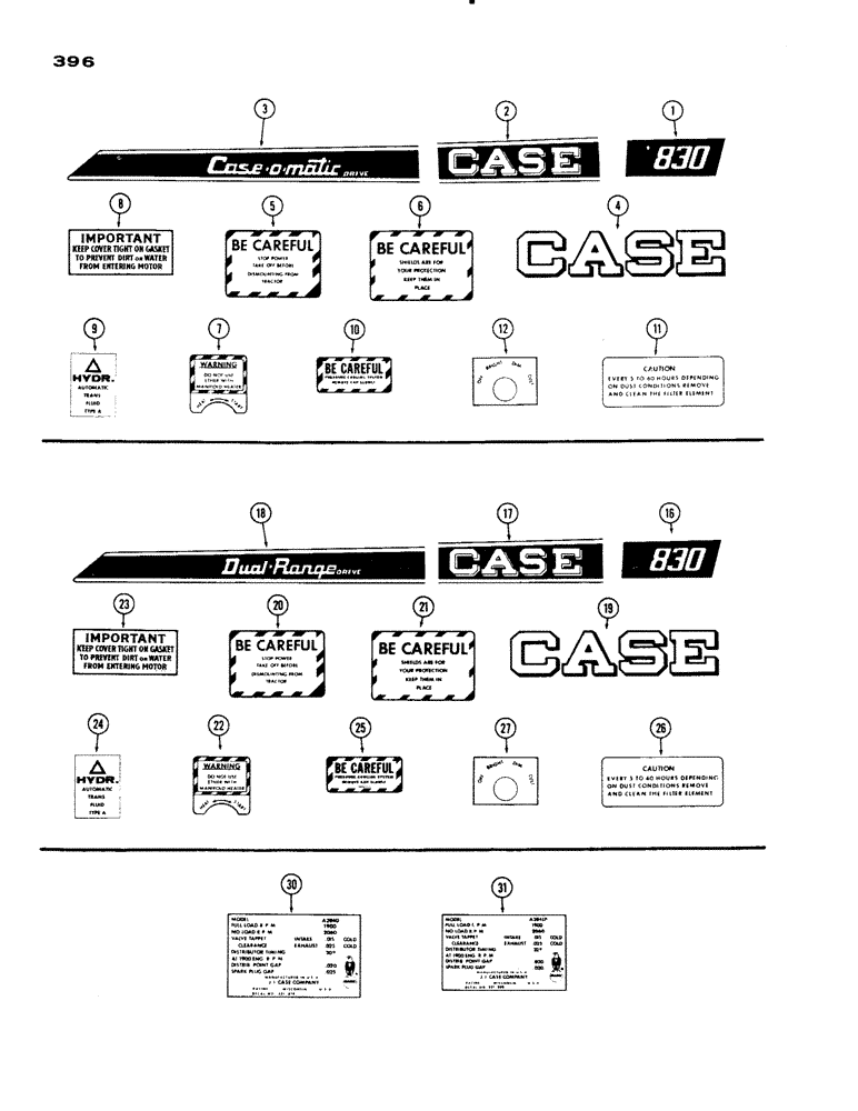 Схема запчастей Case IH 830-SERIES - (396) - DECALS, 830 SPARK IGNITION CASE-O-MATIC, DUAL RANGE, ENGINE DATA (09) - CHASSIS/ATTACHMENTS