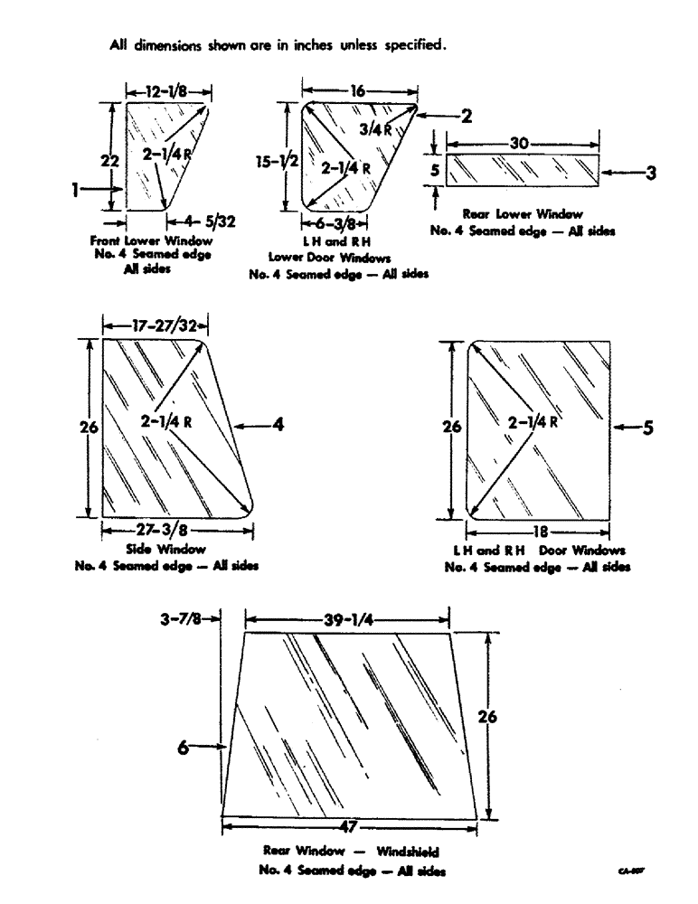 Схема запчастей Case IH 1456 - (13-21) - SUPERSTRUCTURE, TRACTOR CAB GLASS DIMENSIONS (05) - SUPERSTRUCTURE