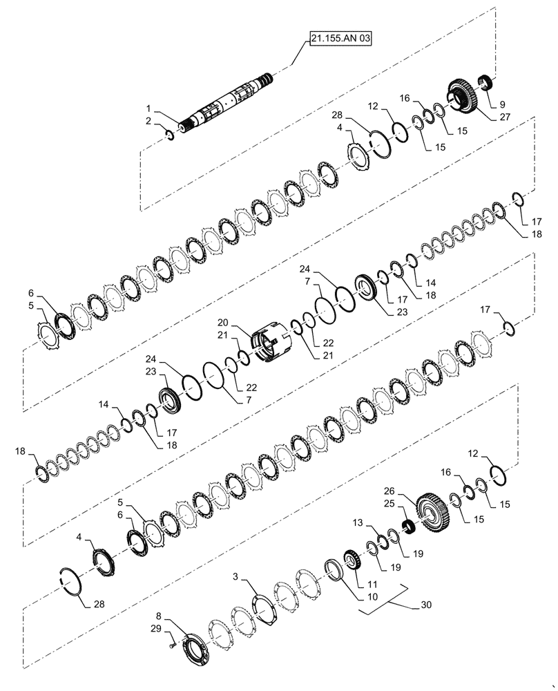 Схема запчастей Case IH MAGNUM 340 - (21.155.AN[04]) - POWERSHIFT - SPEED TRANSMISSION, OUTPUT SHAFT REAR CLUTCH (21) - TRANSMISSION