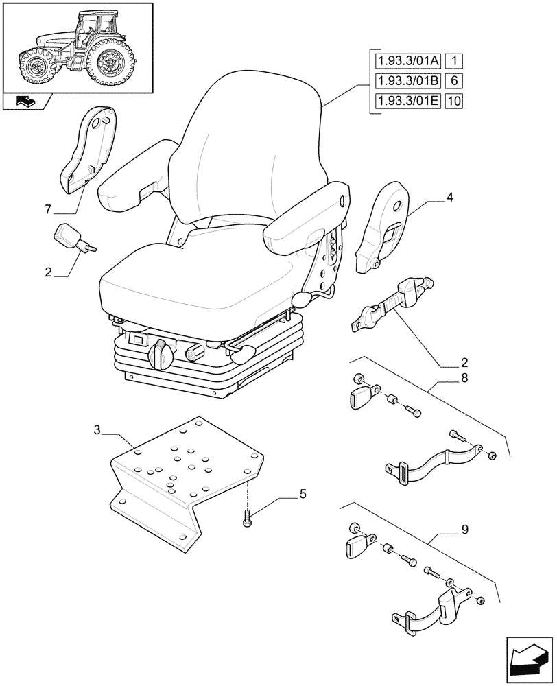 Схема запчастей Case IH FARMALL 95U - (1.93.3/01) - DELUXE VINYL SEAT WITH MECHANICAL SUSPENSION, SWITCH AND ARMREST - L/CAB (VAR.330852, VAR.330706) (10) - OPERATORS PLATFORM/CAB