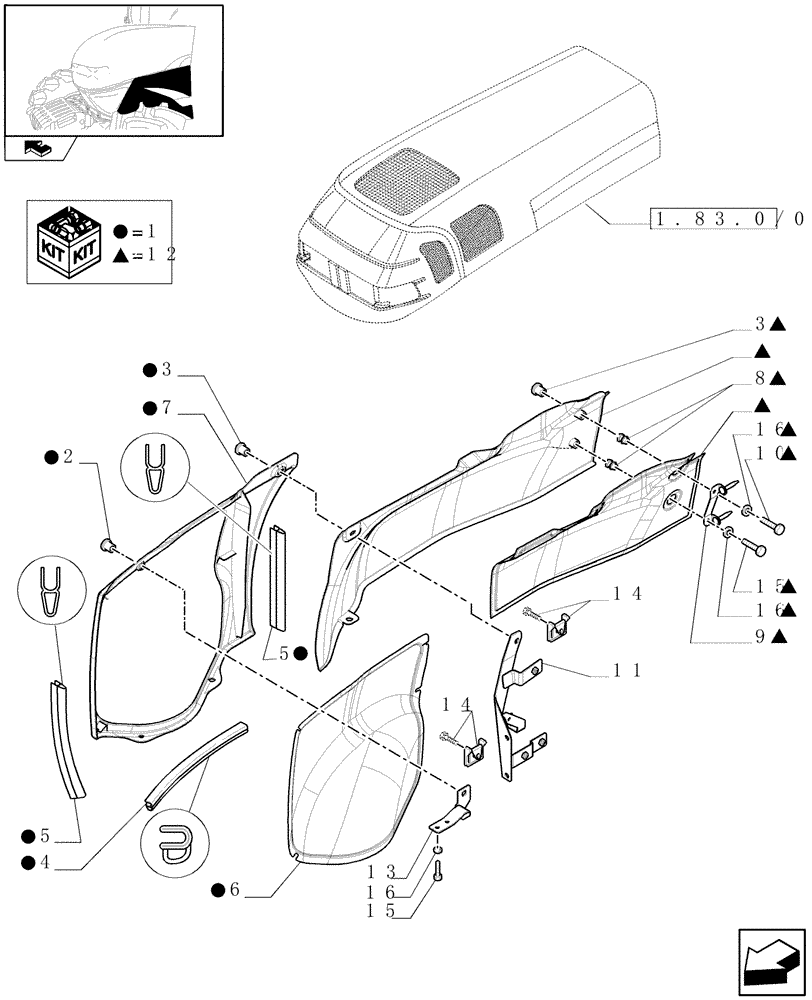 Схема запчастей Case IH FARMALL 95N - (1.83.0/01[03]) - RIGHT HOOD SIDE PANELS, GRIDS AND HEAT PROTECTIONS (08) - SHEET METAL