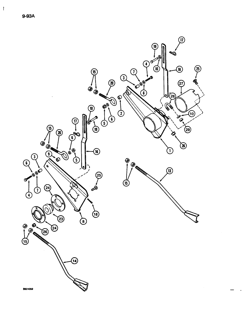 Схема запчастей Case IH 1010 - (9-093A) - AUGER SUPPORTS, MODELS WITH AUGER DRIVE ON RIGHT-HAND SIDE OF HEADER, SPLIT KNIFE AND AUGER DRIVE (58) - ATTACHMENTS/HEADERS