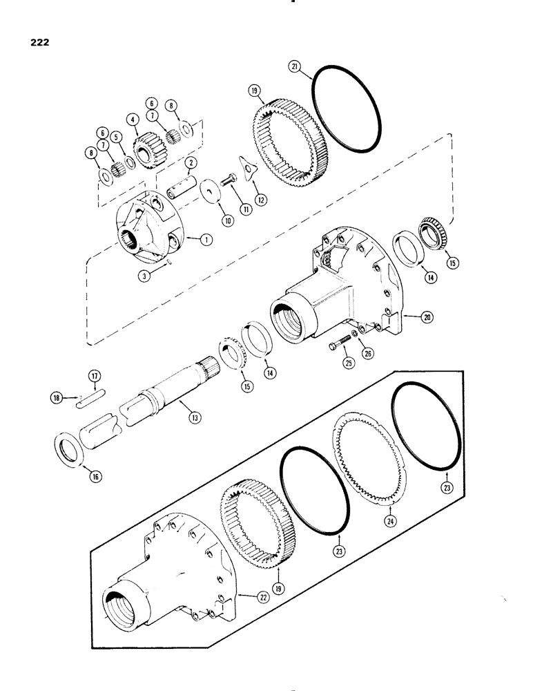 Схема запчастей Case IH 1270 - (222) - REAR AXLE HOUSING AND PLANET GEARS, 3-1/2 INCH DIAMETER AXLE SHAFT, FIRST USED TRANS. S/N 10032467 (06) - POWER TRAIN