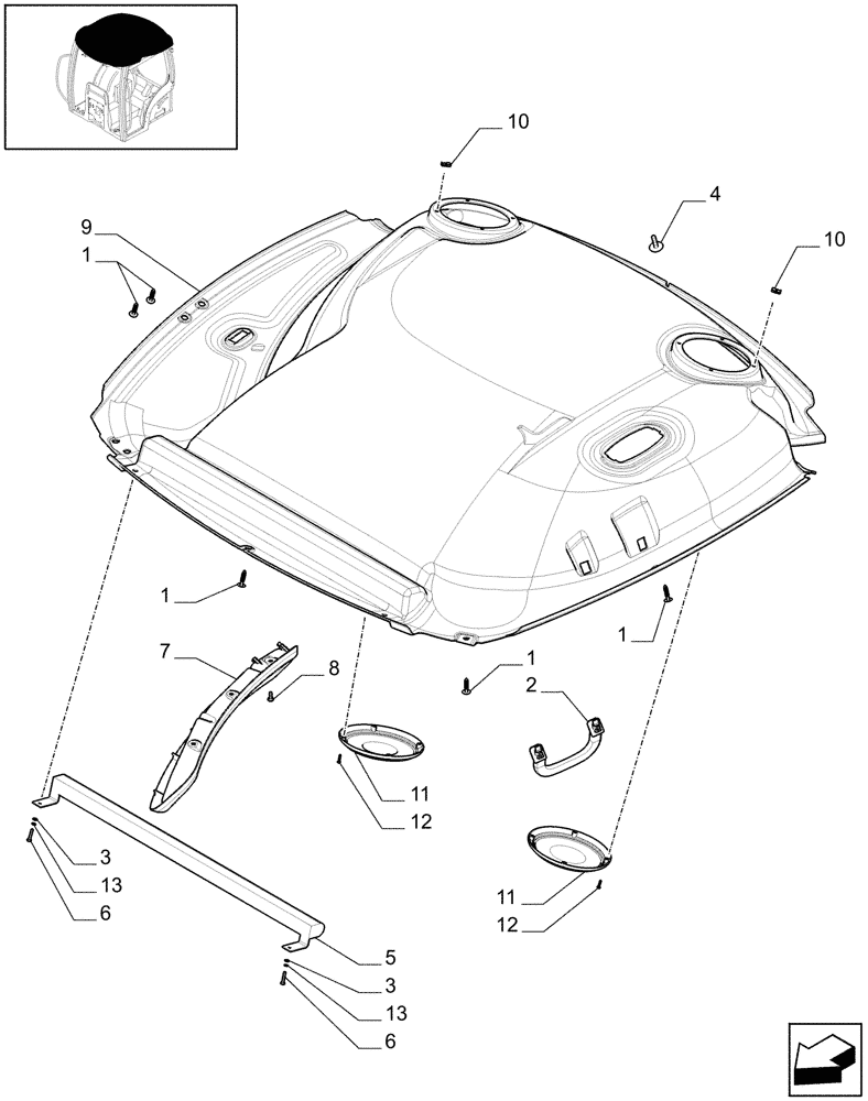 Схема запчастей Case IH PUMA 210 - (1.94.0[03A]) - ROOF WITH HIGH PROFILE LESS HIGH VISIBILITY PANEL - HEADLINER - D5936 (10) - OPERATORS PLATFORM/CAB