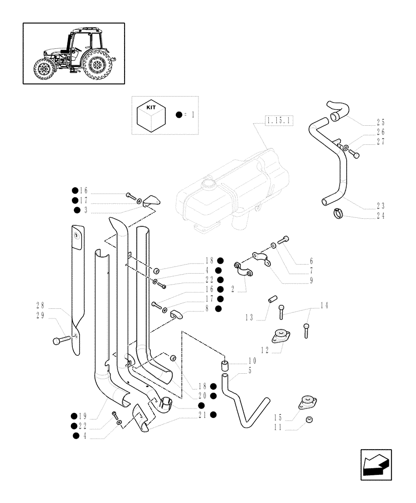 Схема запчастей Case IH JX1060C - (1.15.1/04) - (VAR.466-504) "A" PILLAR TYPE VERTICAL W/EXHAUST GUARD SHIELD - SILENCER (MUFFLER) (02) - ENGINE EQUIPMENT