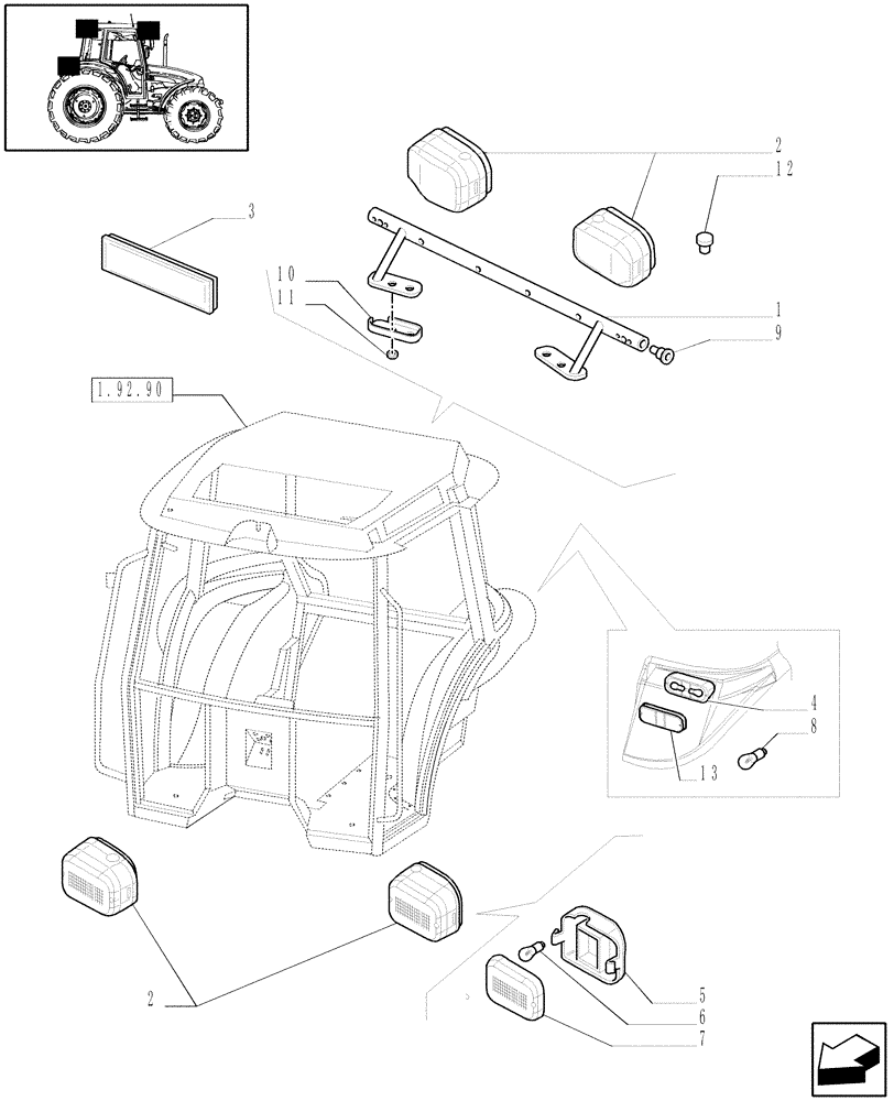 Схема запчастей Case IH JX95 - (1.92.76) - (VAR.007) NA PACKAGE - WORKING LIGHTS - W/CAB (10) - OPERATORS PLATFORM/CAB