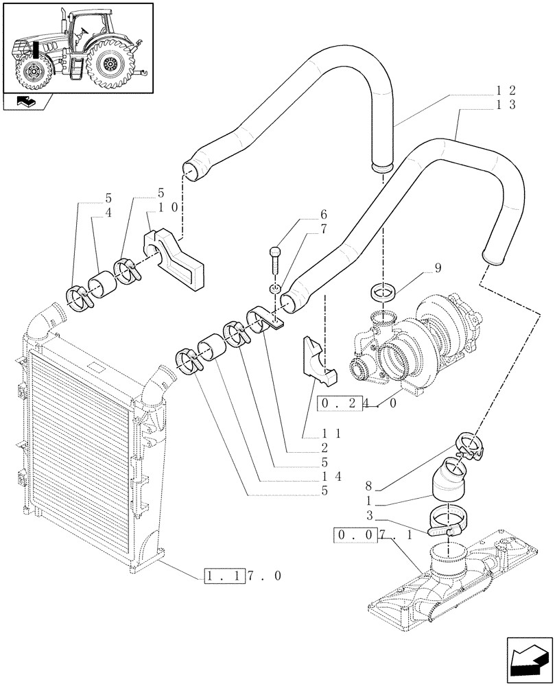 Схема запчастей Case IH MAXXUM 110 - (1.19.6) - INTERCOOLER AND CONDENSER - PIPES (02) - ENGINE EQUIPMENT