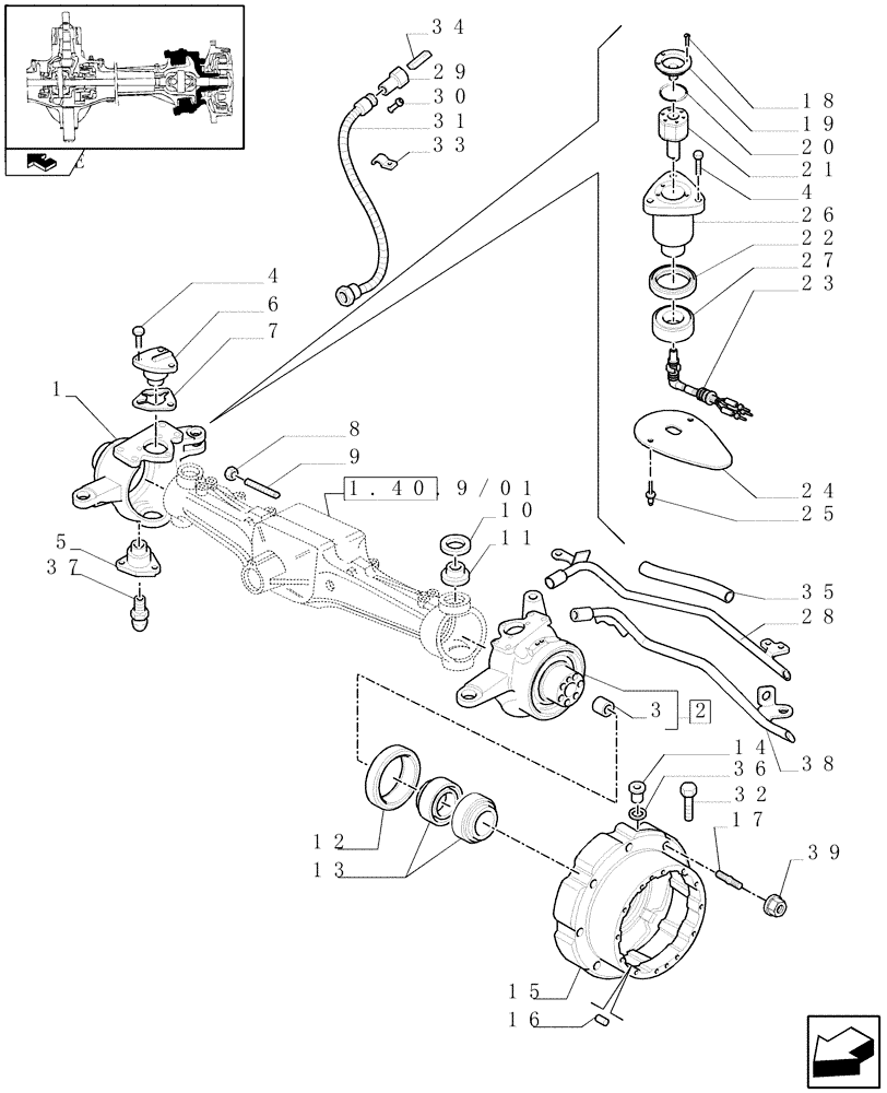 Схема запчастей Case IH PUMA 125 - (1.40. 9/02[01]) - (CL.3) SUSPENDED FRONT AXLE WITH HYDR. DIFF. LOCK, ST. SENSOR AND BRAKES-STEER. AXLES-HUBS - C6449 (VAR.330427) (04) - FRONT AXLE & STEERING