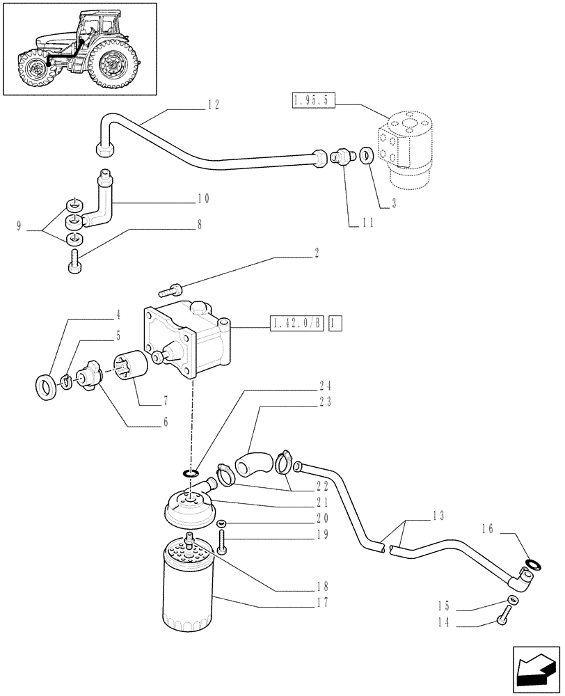 Схема запчастей Case IH JX100U - (1.42.0[03]) - FRONT AXLE - 2-WD - POWER STEERING HYDRAULIC CONTROL - PIPES & OIL FILTER (04) - FRONT AXLE & STEERING