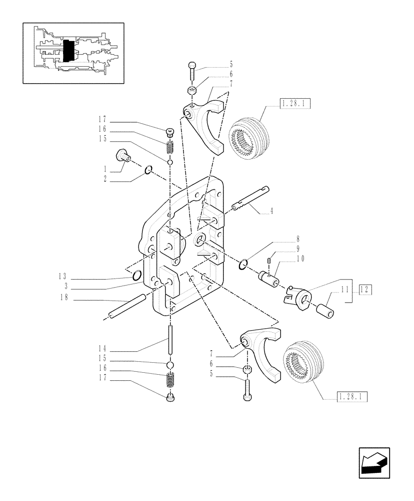 Схема запчастей Case IH MAXXUM 115 - (1.29.0[01]) - TRANSMISSION 12X12 - GEARBOX COVER, SHIFTING RODS AND FORKS (03) - TRANSMISSION