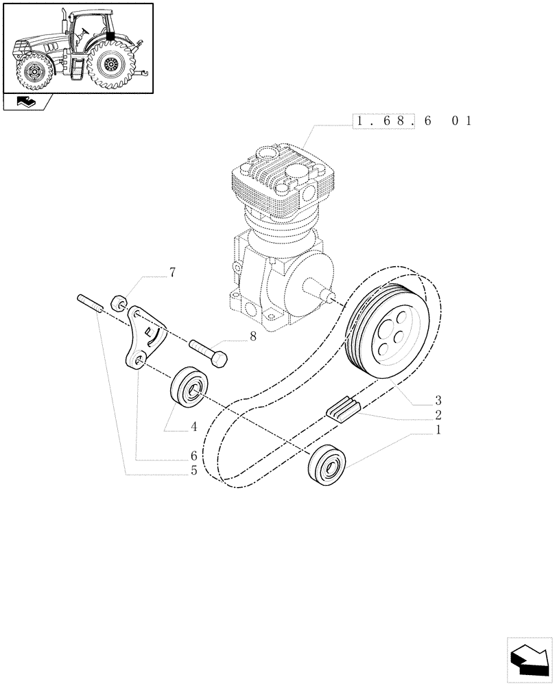 Схема запчастей Case IH MAXXUM 115 - (1.68.6[02]) - PNEUMATIC TRAILER BRAKE - PULLEYS AND BELT (VAR.332727-332737-332739) (05) - REAR AXLE