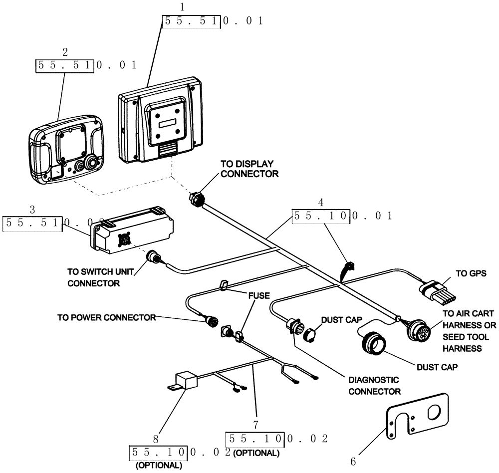 Схема запчастей Case IH 100 - (00.100.03) - LAYOUT - DISPLAY MONITOR, SWITCH UNIT AND TRACTOR HARNESS (00) - GENERAL & PICTORIAL INDEX