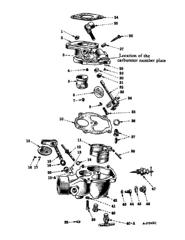 Схема запчастей Case IH SUPER A-1 - (048) - ENGINE, CARBURETOR, ZENITH MODEL, 161 X 7, 3 X 4 FEET, C-113 ENGINE (01) - ENGINE