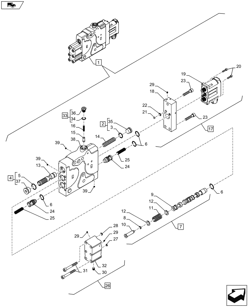 Схема запчастей Case IH PUMA 230 - (35.204.01[03]) - CONTROL VALVE SECTION, LEFT, COMPONENTS - C7414 (35) - HYDRAULIC SYSTEMS