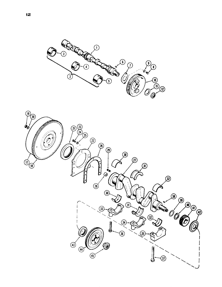 Схема запчастей Case IH 430 - (012) - CAMSHAFT, CRANKSHAFT AND FLYWHEEL, 430 SERIES, 148 B SPARK IGNITION ENGINE (02) - ENGINE