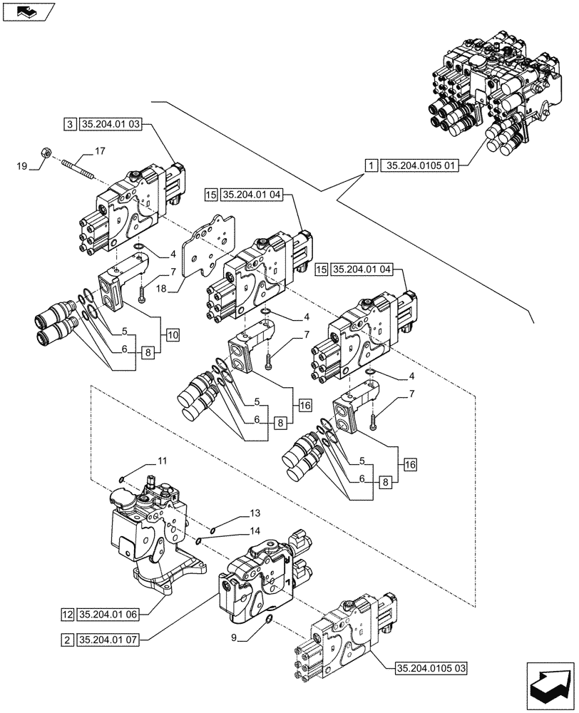 Схема запчастей Case IH PUMA 215 - (35.204.0105[02]) - 5 REMOTE CONTROL VALVES, ELECTRONIC, W/ POWER BEYOND COUPLERS, COMPONENTS (VAR.743425-743828 / 743669) (35) - HYDRAULIC SYSTEMS