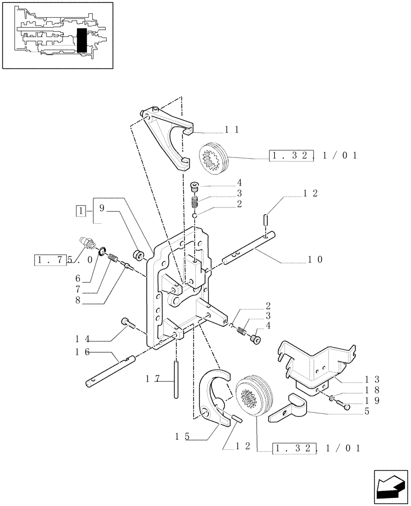 Схема запчастей Case IH MAXXUM 110 - (1.32.2/01[01]) - TRANSMISSION 24X24 HI-LO - RANGE GEARSHIFT MECHANISM - COVER, RODS AND FORKS (STD + VAR.330282) (03) - TRANSMISSION