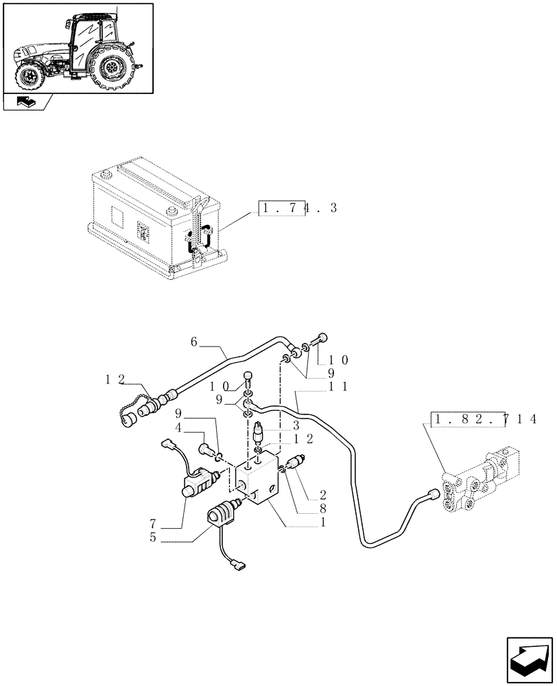 Схема запчастей Case IH FARMALL 75N - (1.82.714[03]) - HYDRAULIC TRAILER BRAKE (ITALY) - BLOCK, PIPES AND SOLENOID VALVES (VAR.333372-338372 / 743517) (07) - HYDRAULIC SYSTEM