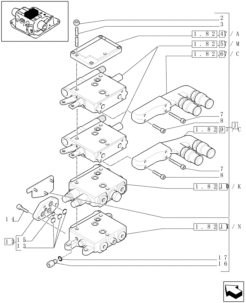 Схема запчастей Case IH MXU125 - (1.82.7/11[04]) - (VAR.258/2) 2 CONTROL VALVES (EDC) AND RELEVANT PARTS - D5504 (07) - HYDRAULIC SYSTEM