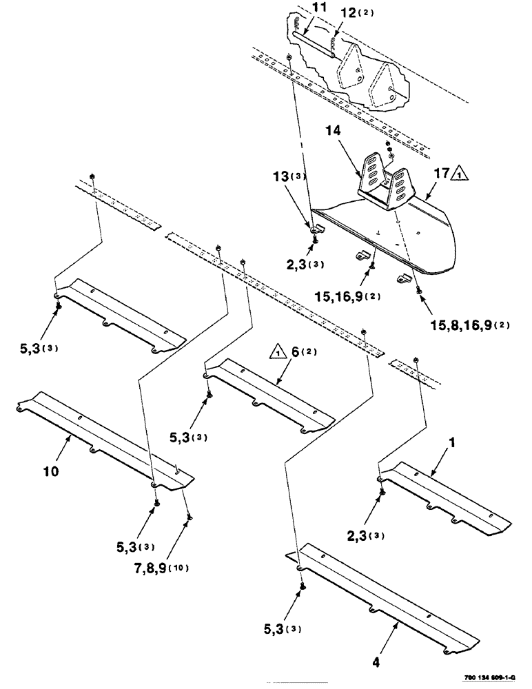 Схема запчастей Case IH 625 - (7-34) - SKID SHOE, CENTER, AND WEAR PLATE ASSEMBLY, 18 FOOT (58) - ATTACHMENTS/HEADERS