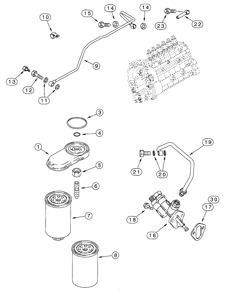 Схема запчастей Case IH 7220 - (3-008) - FUEL FILTER AND TRANSFER PUMP, 6T-830 ENGINE, ALL 7210 TRACTRS, 7220 MDLS PRIOR TO P.I.N. JJA0064978 (03) - FUEL SYSTEM