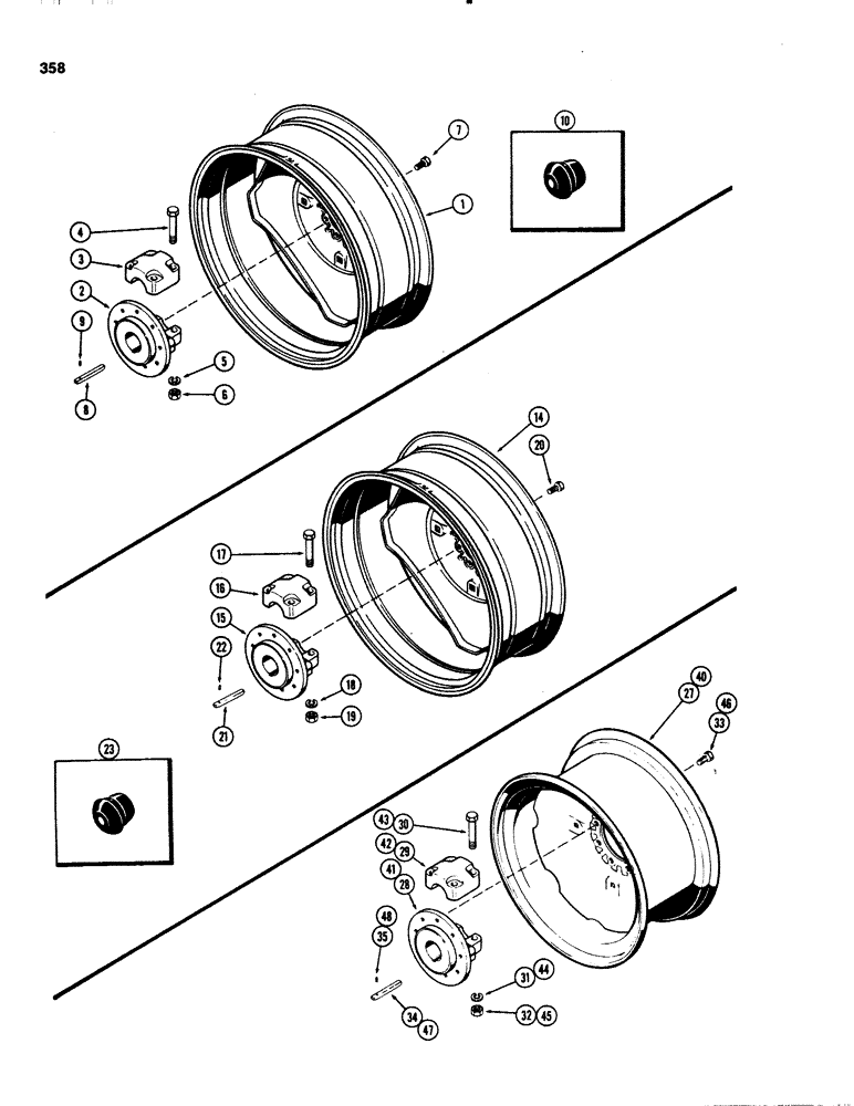 Схема запчастей Case IH 1070 - (0358) - DUAL REAR WHEELS WITH 38 INCH RIMS, USED WITH 3-3/16 INCH DIAMETER AXLE CAST STAMPED (06) - POWER TRAIN